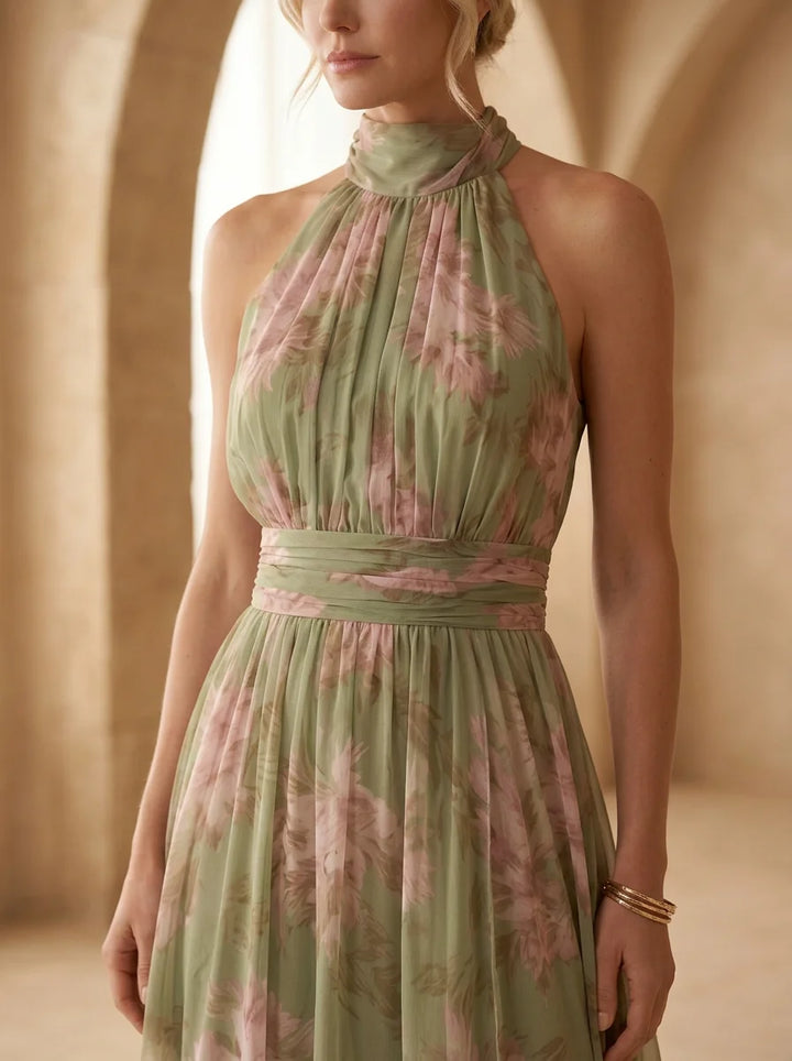 Jazina | Green Maxi Chiffon Dress with Halter Neck