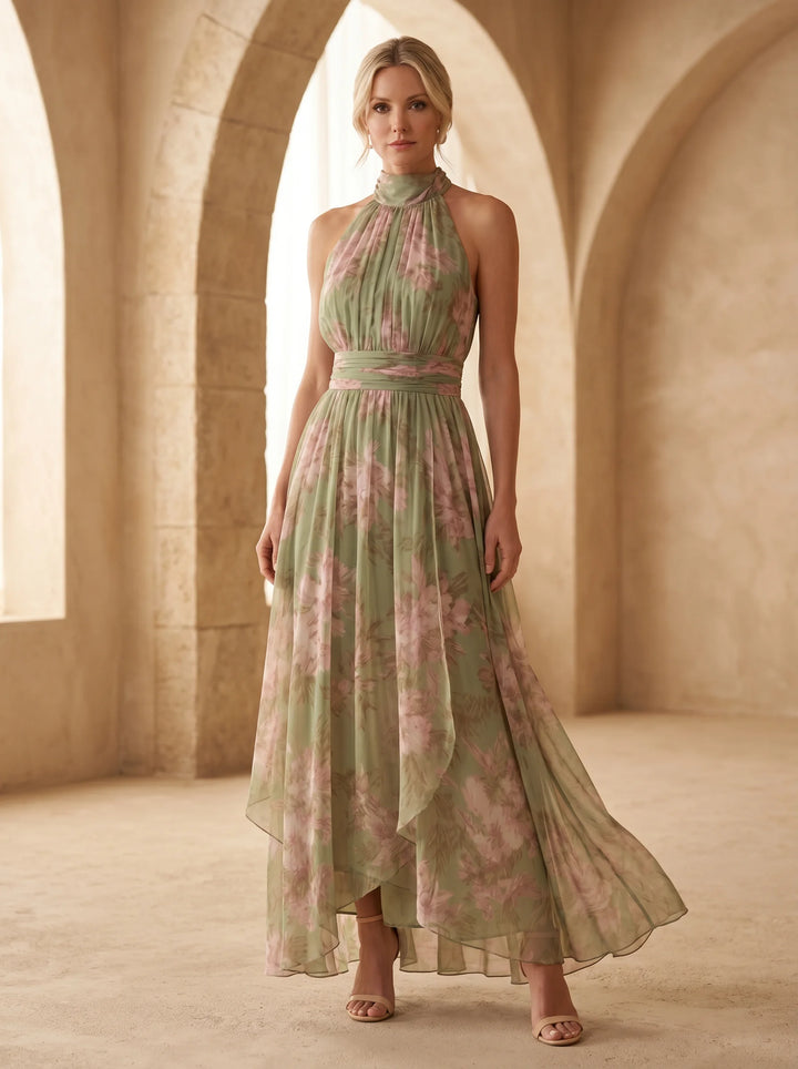 Jazina | Green Maxi Chiffon Dress with Halter Neck