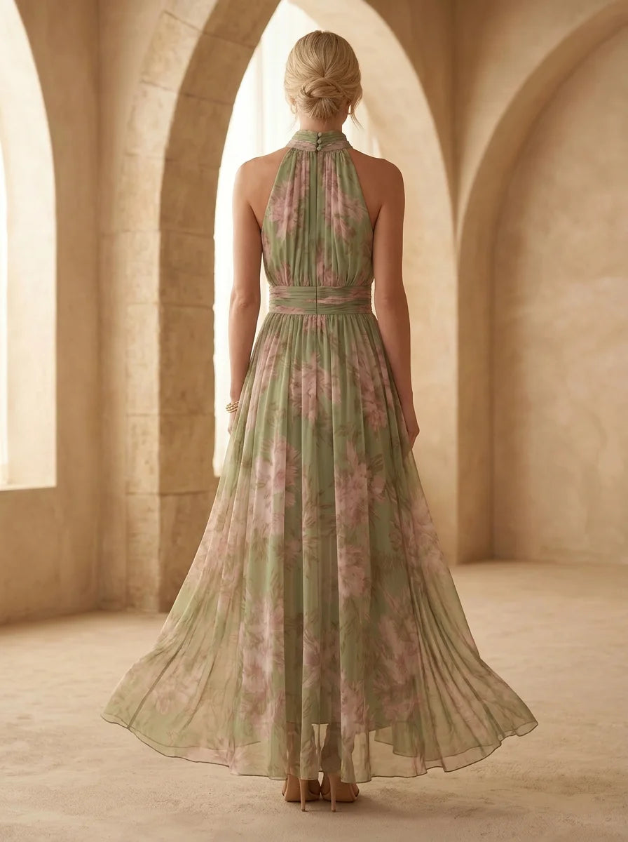 Jazina | Green Maxi Chiffon Dress with Halter Neck