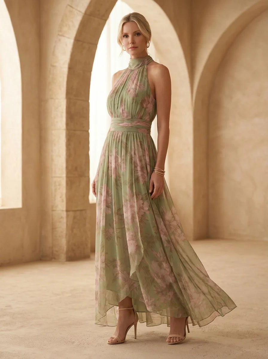 Jazina | Green Maxi Chiffon Dress with Halter Neck