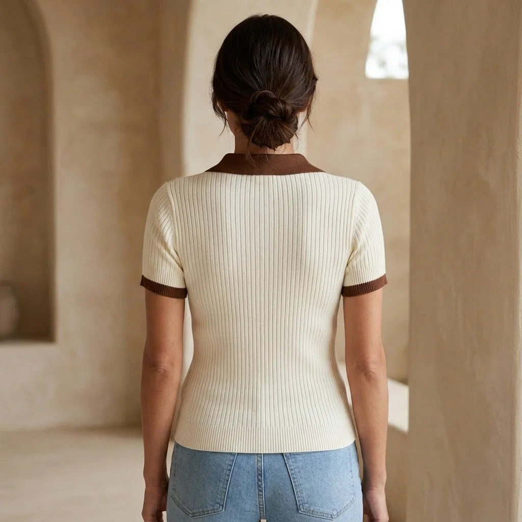 Top – Womens – All Season – Casual Color Block Notched Collar Knitted Top