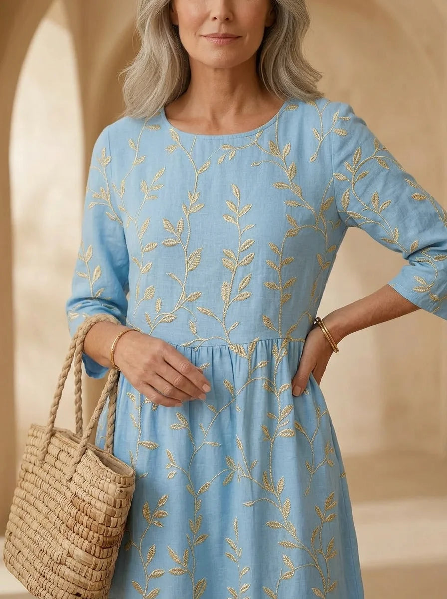 Natalie | Plant & Flower Print Round Neck Midi Dress