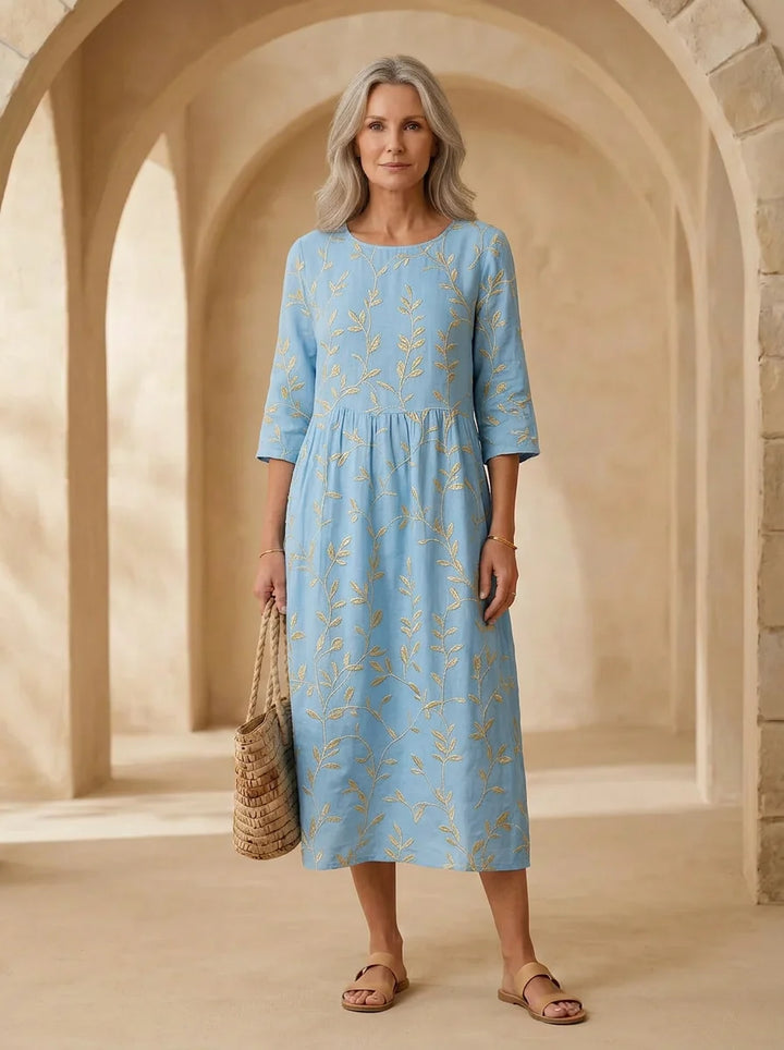 Natalie | Plant & Flower Print Round Neck Midi Dress