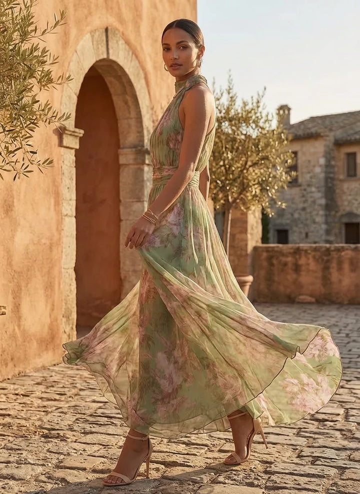 Jazina | Green Maxi Chiffon Dress with Halter Neck