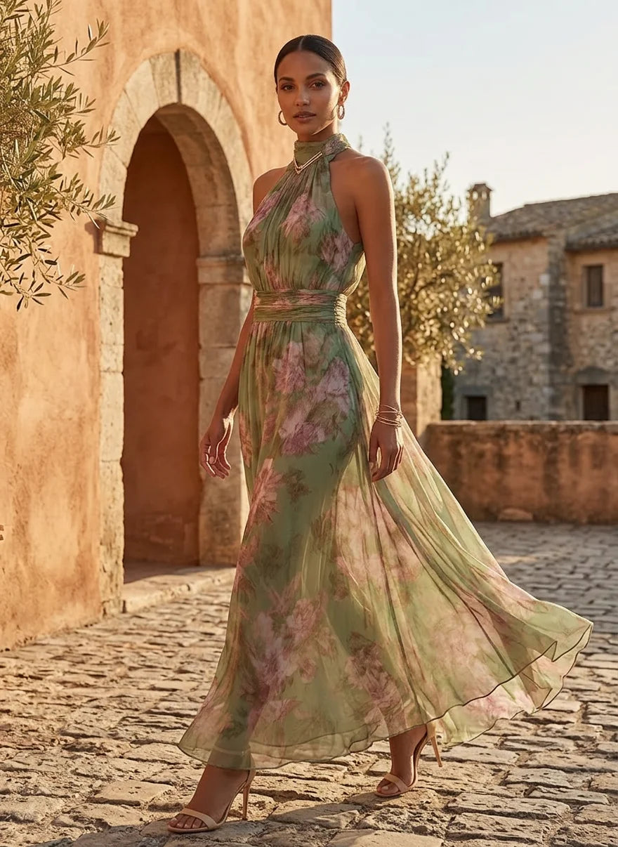 Jazina | Green Maxi Chiffon Dress with Halter Neck
