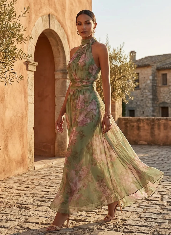Jazina | Green Maxi Chiffon Dress with Halter Neck