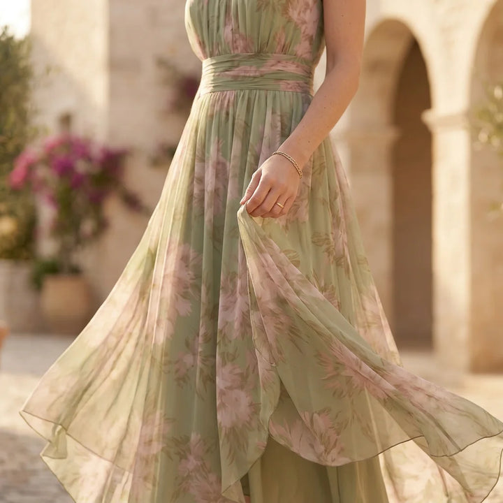 Jazina | Green Maxi Chiffon Dress with Halter Neck